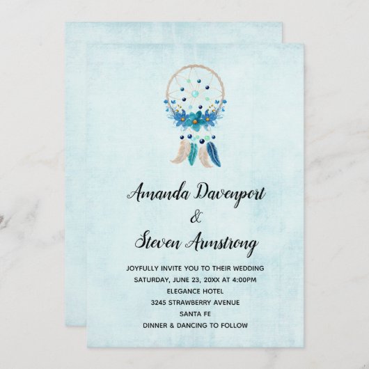 Invitation Bleu Dreamcatcher avec Mariage Fleurs & Plumes (Devant / Derrière)
