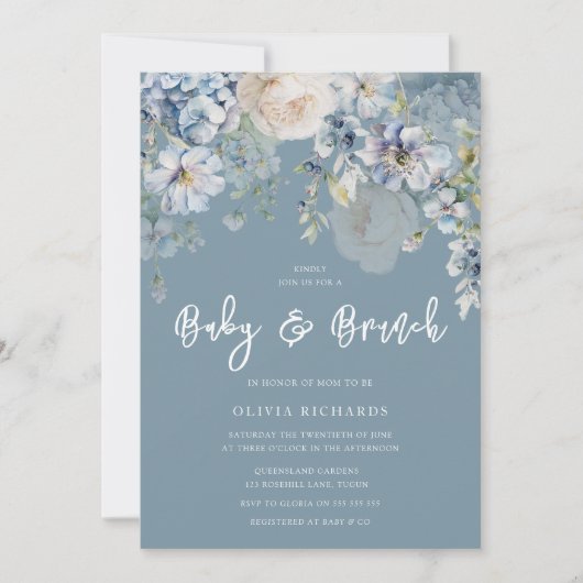 Invitation Bleu Duché Baby shower Floral moderne Brunch (Devant)