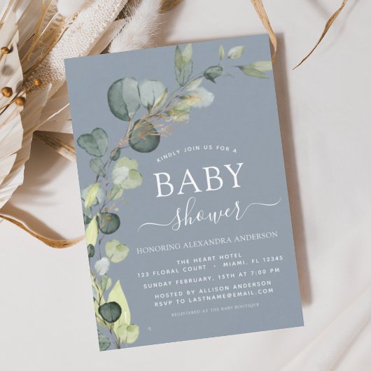 Invitation Bleu Duché Baby shower vert Eucalyptus