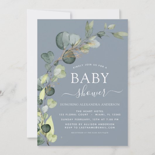 Invitation Bleu Duché Baby shower vert Eucalyptus (Devant)