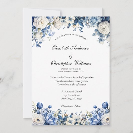 Invitation Bleu Duché Blanc Élégant Mariage d'aquarelle flora (Devant)