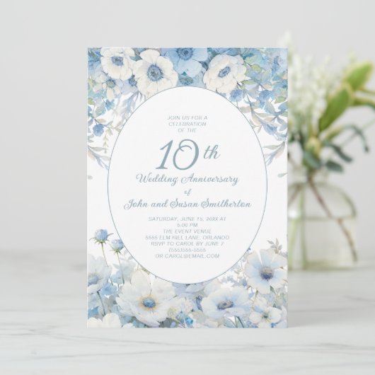 Invitation Bleu Duché Blanc Floral 10e Anniversaire (Debout devant)
