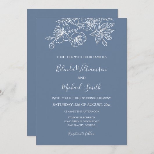 Invitation Bleu Duché Blanc Floral Line Art | MARIAGE (Devant / Derrière)