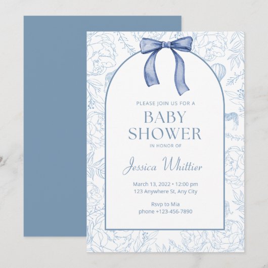 Invitation Bleu Duché Élégant Baby shower Floral (Devant / Derrière)