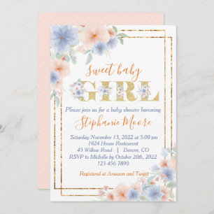 Invitation Bleu Duché et Baby shower Floral de Pêche