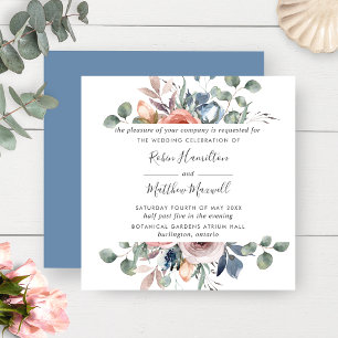 Invitation Bleu Duché et Mariage Floral Flush Peach