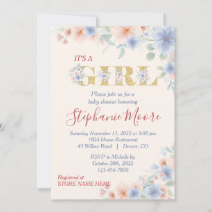 Invitation Bleu Duché et Pêche (Ver.2) Baby shower Floral