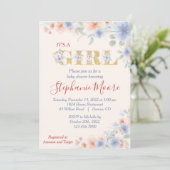 Invitation Bleu Duché et Pêche (Ver.2) Baby shower Floral (Debout devant)