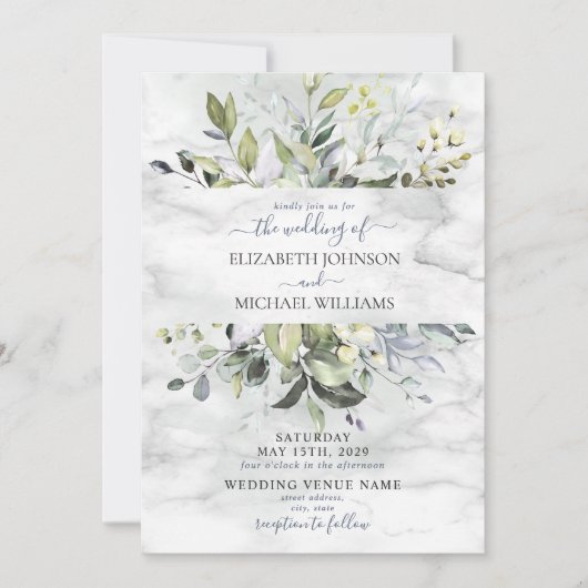 Invitation Bleu Duché Eucalyptus Photo en marbre vert (Devant)