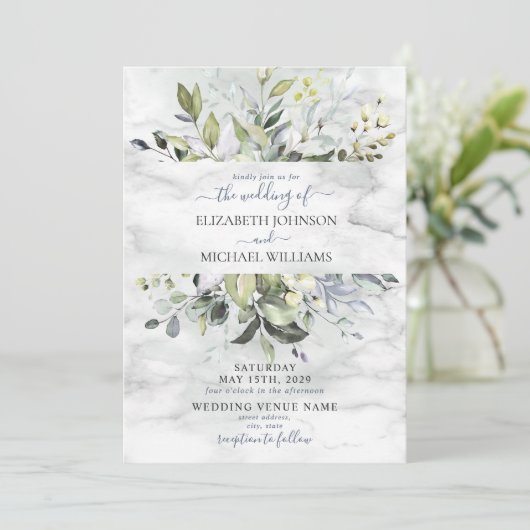 Invitation Bleu Duché Eucalyptus Photo en marbre vert (Debout devant)