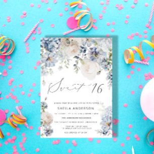 Invitation Bleu Duisâtre & Rose Rose Floral Sweet 16 Annivers