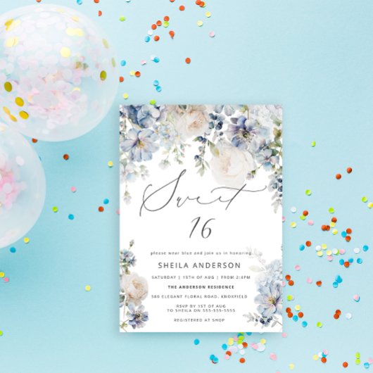 Invitation Bleu Duisâtre & Rose Rose Floral Sweet 16 Annivers