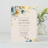 Invitation Bleu Duisier Fleur sauvage Beige Elégant Mariage (Debout devant)