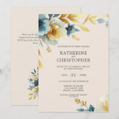 Invitation Bleu Duisier Fleur sauvage Beige Elégant Mariage (Devant / Derrière)