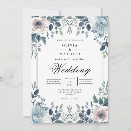Invitation Bleu Dusky Botanique Floral Mariage (Devant)