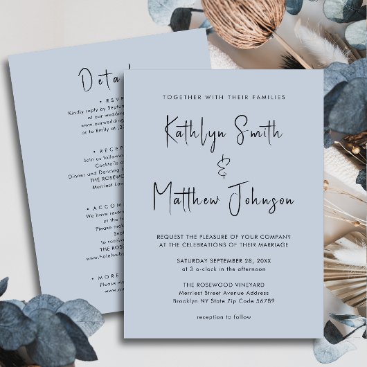 Invitation Bleu Dusté Script Moderne Tout en un Mariage simpl