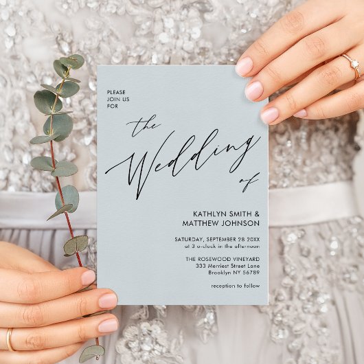 Invitation Bleu Dusté Script Moderne Tout en un Mariage simpl