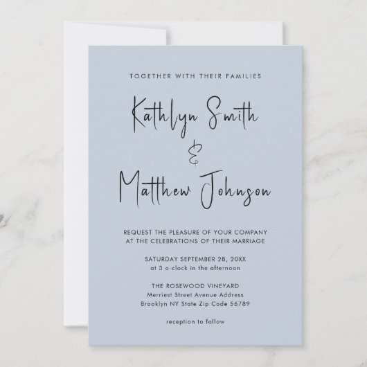 Invitation Bleu Dusté Script Moderne Tout en un Mariage simpl (Devant)