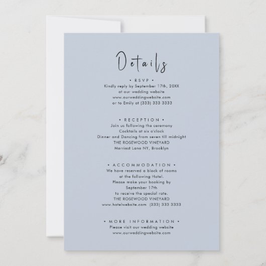 Invitation Bleu Dusté Script Moderne Tout en un Mariage simpl (Dos)