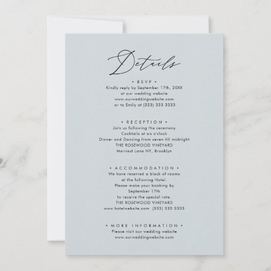 Invitation Bleu Dusté Script Moderne Tout en un Mariage simpl (Dos)