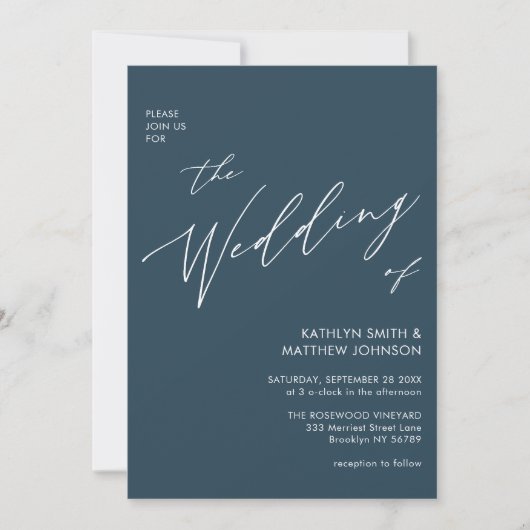 Invitation Bleu Dusté Script Moderne Tout en un Mariage simpl (Devant)
