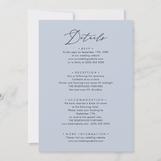 Invitation Bleu Dusté Script Moderne Tout en un Mariage simpl (Dos)