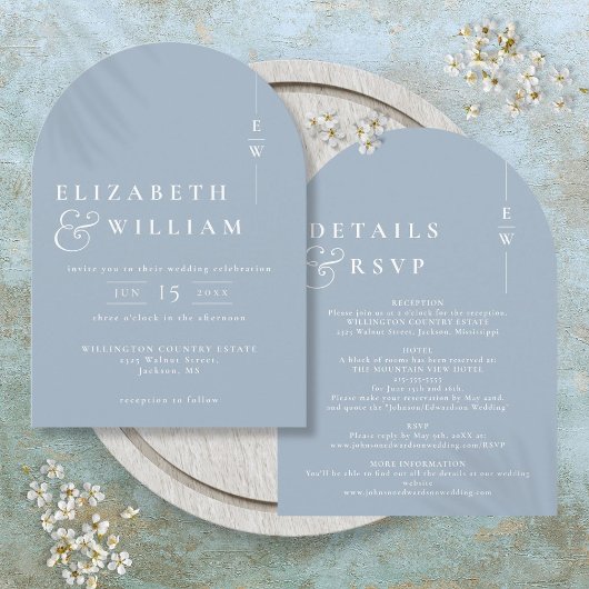 Invitation Bleu Dusté Tout en un Arc Mariage Monogramme moder