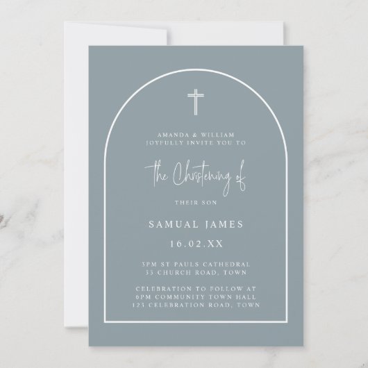 Invitation Bleu Dusty Arc Moderne Script Brisation minimale (Devant)