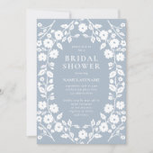 Invitation Bleu Dusty Blanc élégant Folk Floral Fête des mari (Devant)
