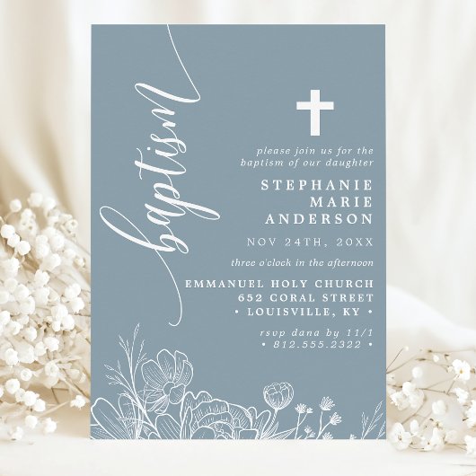 Invitation Bleu Dusty Blanc Floral Élégant Script Baptême