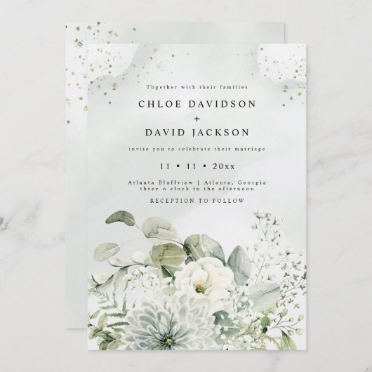 Invitation Bleu Dusty & Blanc Floral Verdure Rustique Mariage (Devant / Derrière)