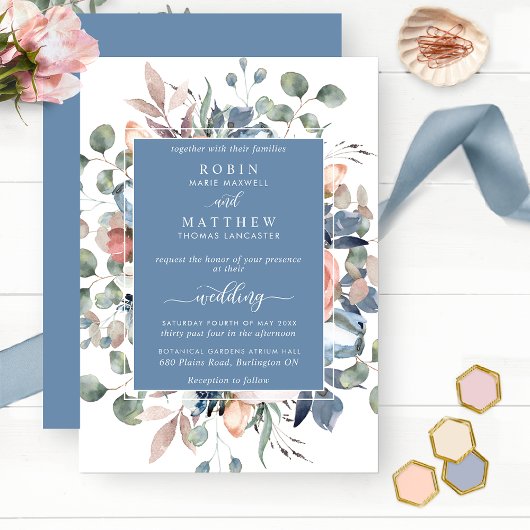 Invitation Bleu Dusty Blissful Floral et Mariage de verdure