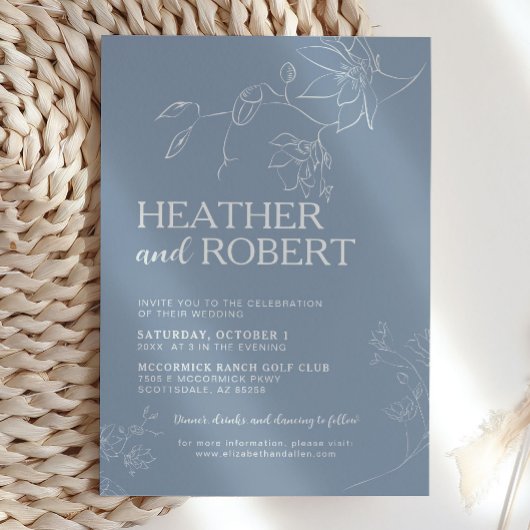 Invitation Bleu Dusty Botanique Floral Boho Simple Mariage