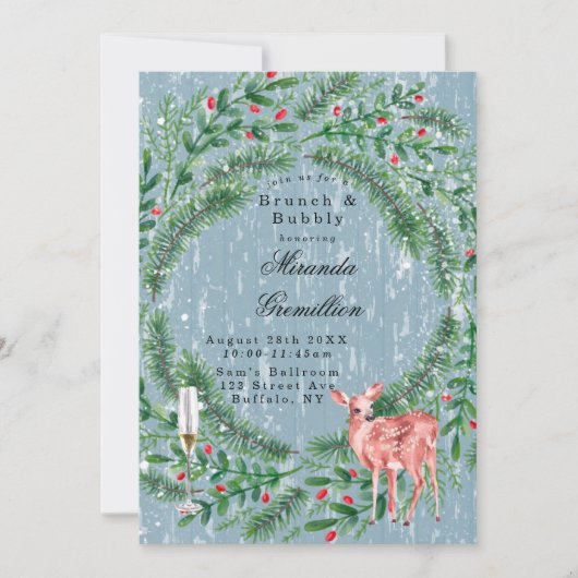 Invitation Bleu Dusty Brunch de cerfs de Noël et de bulles (Devant)