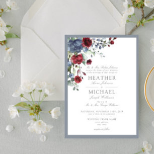 Invitation Bleu Dusty classique Aquarelle Bourgogne Florale