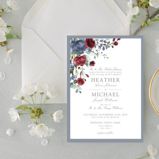 Invitation Bleu Dusty classique Aquarelle Bourgogne Florale