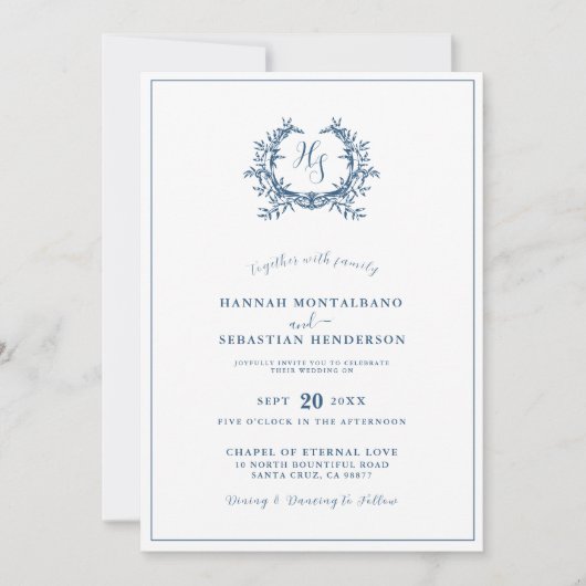 Invitation Bleu Dusty Crest Crest QR Code Mariage Photo (Devant)