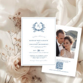 Invitation Bleu Dusty Crest Crest QR Code Mariage Photo
