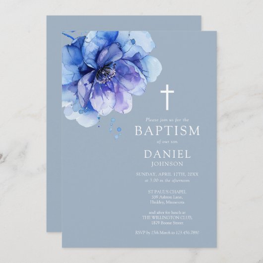 Invitation Bleu Dusty Elegant Aquarelle Baptême Floral (Devant / Derrière)