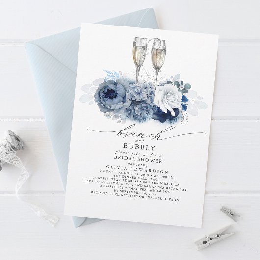 Invitation Bleu Dusty Elegant Brunch et Fête des mariées Bubb