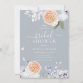 Invitation Bleu Dusty et Fête des mariées florale de Pêche (Devant)