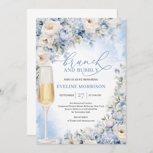 Invitation Bleu Dusty et Fleurs d'ivoire brunch et mousseux (Devant / Derrière)