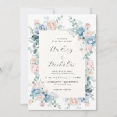 Invitation Bleu Dusty et Pêcher Élégant Mariage Floral (Devant)