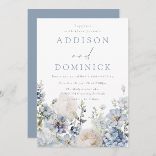 Invitation Bleu Dusty Étonnant Fleurs Toutes les saisons Mari (Devant / Derrière)