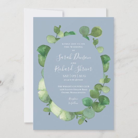 Invitation Bleu Dusty Eucalyptus Mariage floral (Devant)