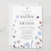Invitation Bleu Dusty Fleur sauvage Saint Baptême & 1er Anniv (Devant)