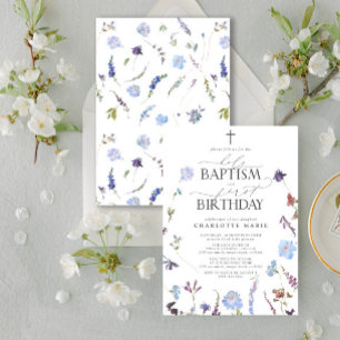 Invitation Bleu Dusty Fleur sauvage Saint Baptême & 1er Anniv