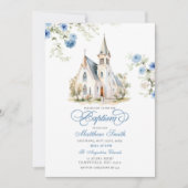 Invitation Bleu Dusty Floral Classic Church Baptême (Devant)