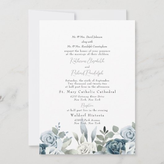 Invitation Bleu Dusty Floral Les deux parents Mariage blanc (Devant)