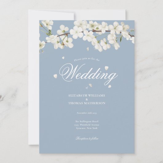 Invitation Bleu Dusty Floral Mariage Blancs (Devant)